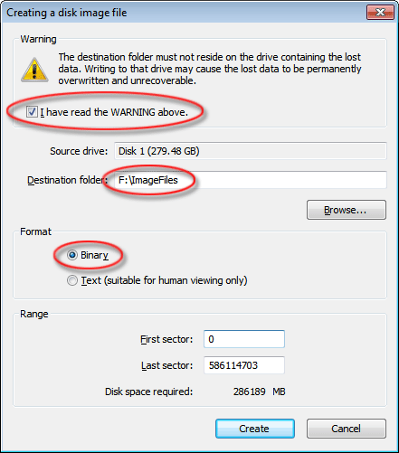 Creating a disk image file Dialog